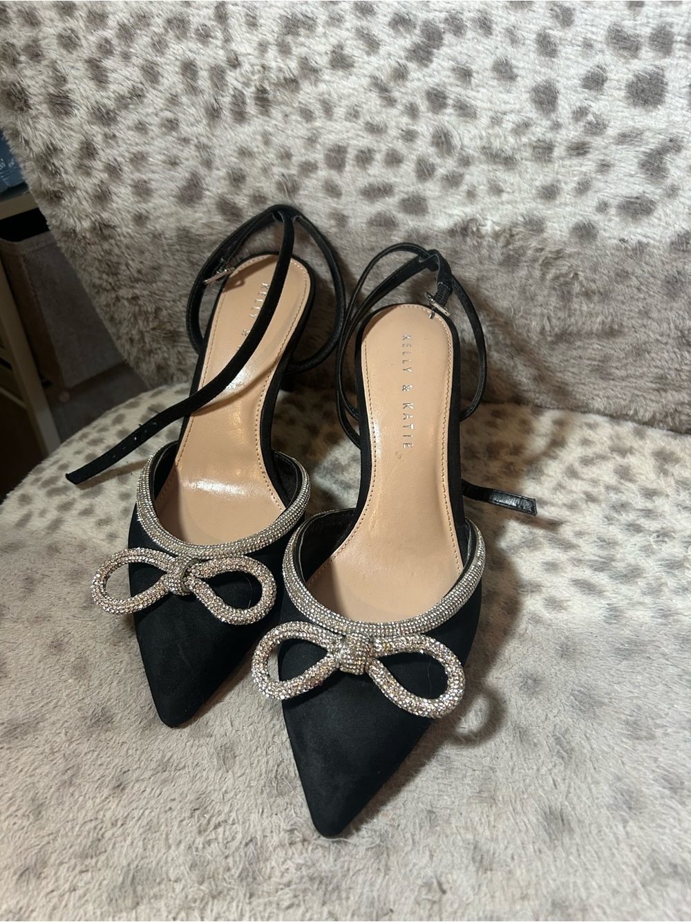 Kelly & Katie Black Pointed-Toe Slingback Heels with Crystal Bow